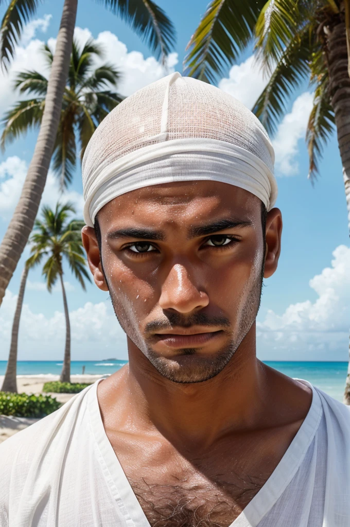 A man is pictured up close on a sunny beach, his skin glistening with sweat. He holds a white cloth to his forehead, looking directly at the camera with a serious expression. The background includes blurred palm trees and shoreline.