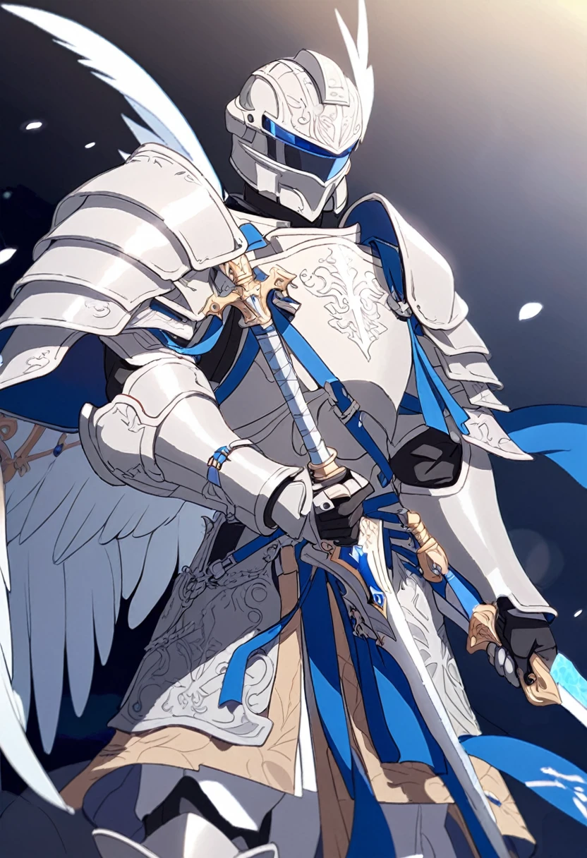 man, silver heavy armor, cuirass with blue ribbon, closed helmet with decorative wings, white blue long combat robe, silver sword