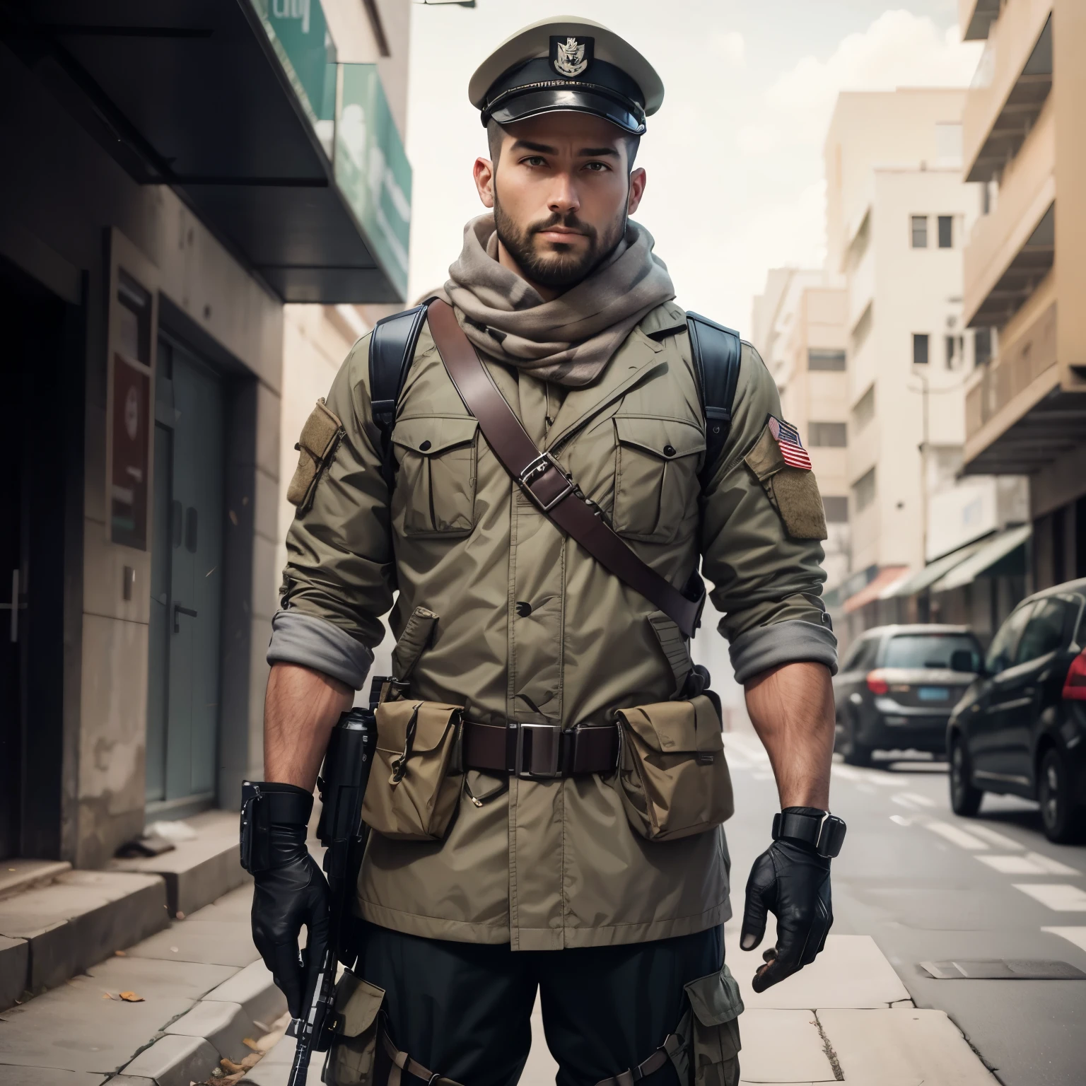 1 man, 35-year old, wearing light grey jacket, (camouflage white scarf), armored vest, (Military Panama:1.3), black half-gloves, sneaky, unshaved, (free hands:1,3), (full length:1.3), warzone