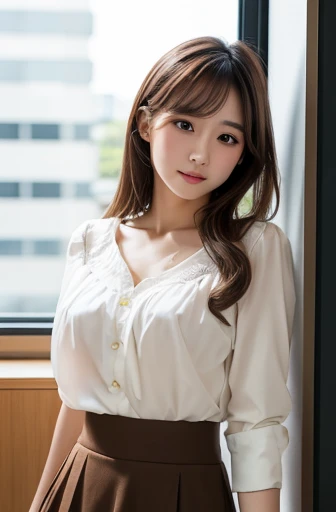 masterpiece, best quality, japanese woman, 20 years old, nipple slip from blouse, wearing blouse, skirt, leaning forward, ponytail, brown hair, front view, looking at viewer, office,