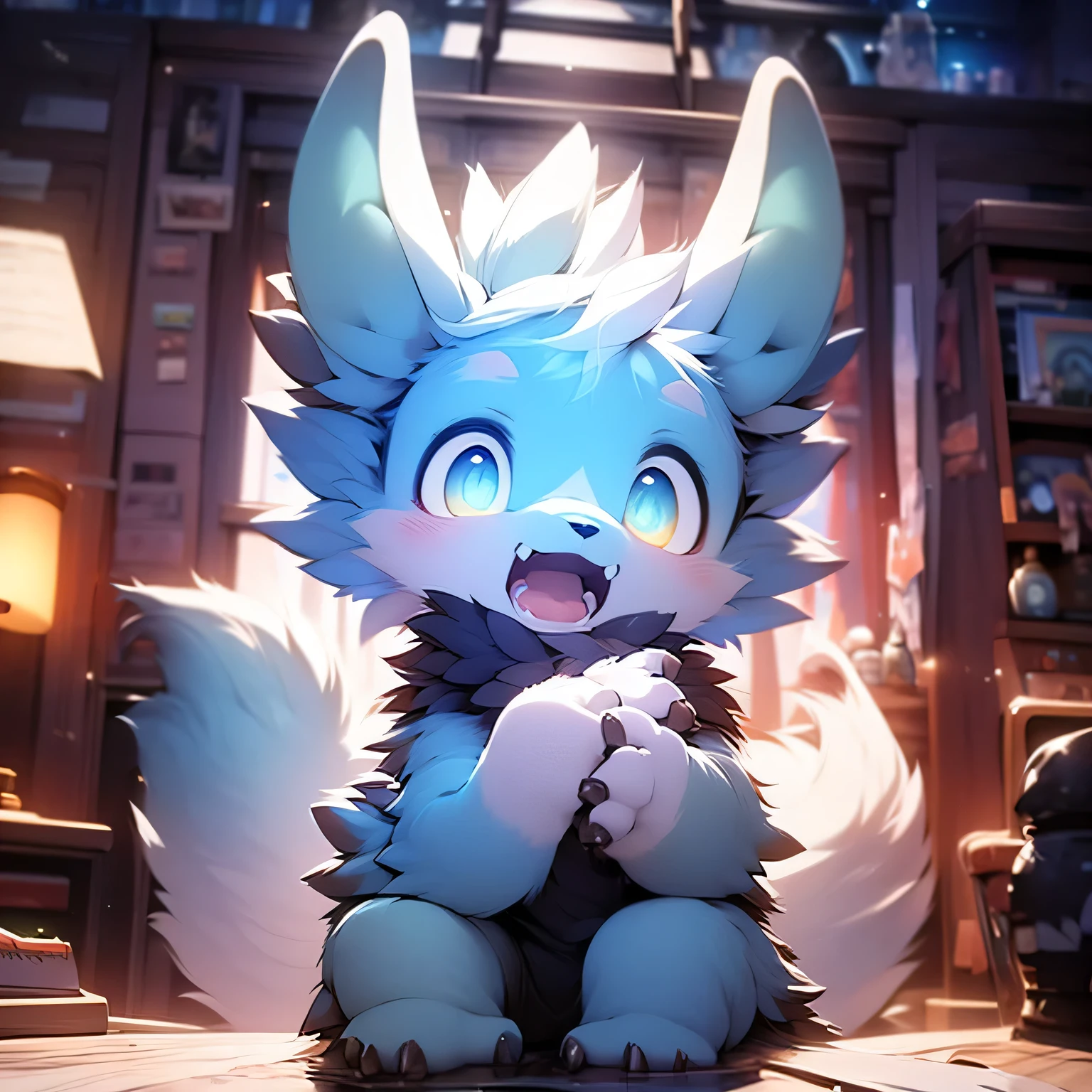 ,Cute face,open mouth,Ambient Light,Ultrafine fur,Volumetric Light,Blue Hair
