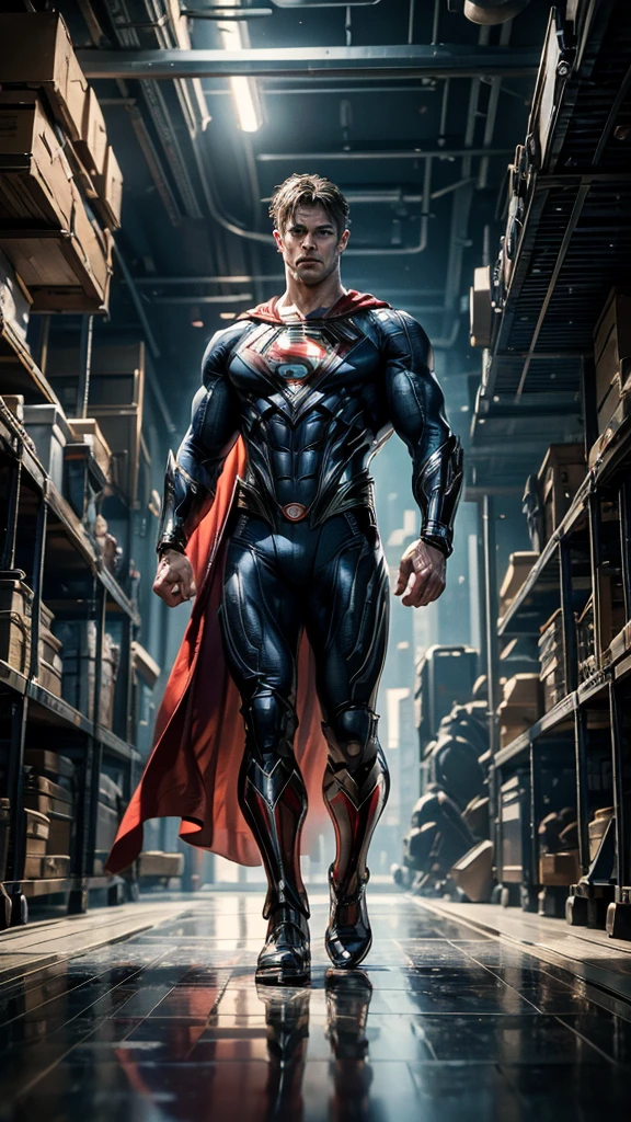 ((masterpiece)), ((best quality)), NVIDIA RTX, intricate details, cinematic lights, reflection lights details, Chris Hemsworth as Superman, futuristic Superman suit, full body