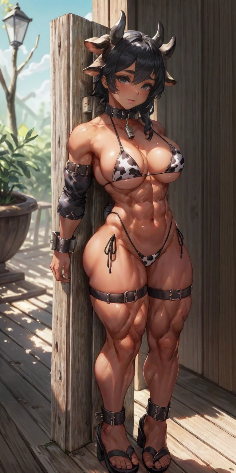 (Masterpiece, best quality, intricate details, 1sologirl) iron collar, arms behind back, iron cuffs, shackles, bound ((standing by wooden pole:1.2)) ((female Black Dark skin Gyaru)) show entire body frontal position, feet in view, realistic, gorgeous 16y.o. darkest skinned mixed race female, black African, barefoot no shoes, looking to viewer straight symmetrical, solo girl looking to the camera, cow bell choker leather collar choker neck bell, metal sandals, black and white bikini (cow pattern) black thigh highs