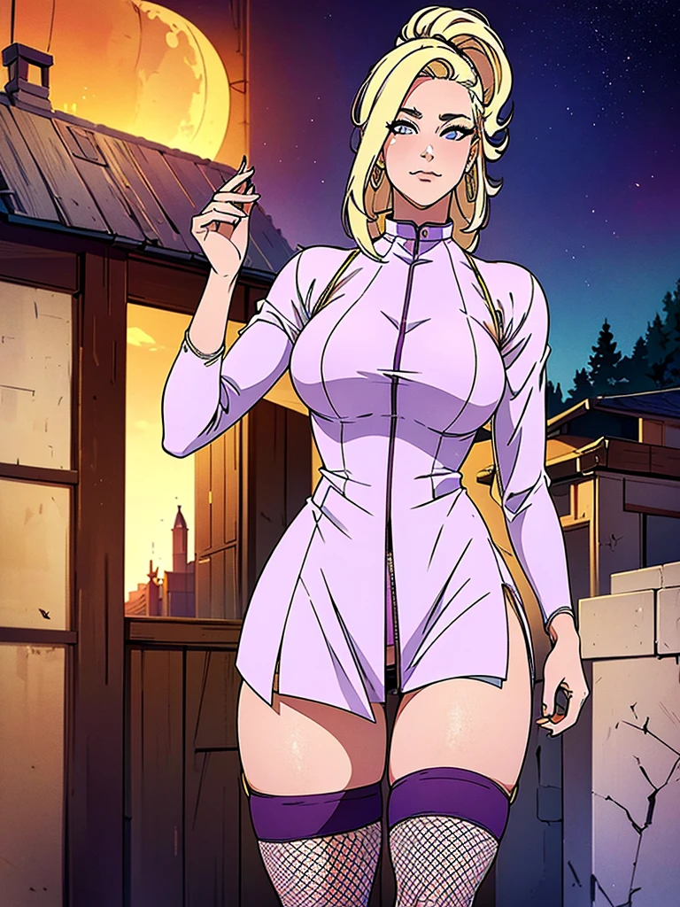 Just one girl,Best quality, 4k, high resolution, body stuck dress, perfect smile, gorgeous, white skin, ahegao face(hentai face) , blonde hair, wearing purple (violet) bodystuck dress with long sleeves and white edges, Wearing  bodycorn outfit(violet colour), clothes are stuck in body, wearing short tight skirt, and fishnet stalking,1 girl, solo, seductive look, elegance and charm, (masterpiece, best quality, high resolution), looking at the viewer, standing, (intricate and beautiful:1.2), (detailed light:1.2), (soft light, side light), (high resolution textures) , holding leash in hand(chain leash), outdoor, Burmese girl, wearing gorgeous jewelary, wearing harness over the outfit ,outdoor background, sun light, attractive, sexy, mature and hot, young,(masterpiece:1.3), (disorganized:1.3), (highest quality:1.3), perfect anatomy, detailed face, front view, perfect right hands, looking at viewer, (Super detailed:1.3), (best shadow:0.7), (treated hair), fine eyes, beautiful eyes, young aged woman, alone, standing, crystal earrings,closed_mouth, , outdoors,Thick thighs, arrogant face, small 