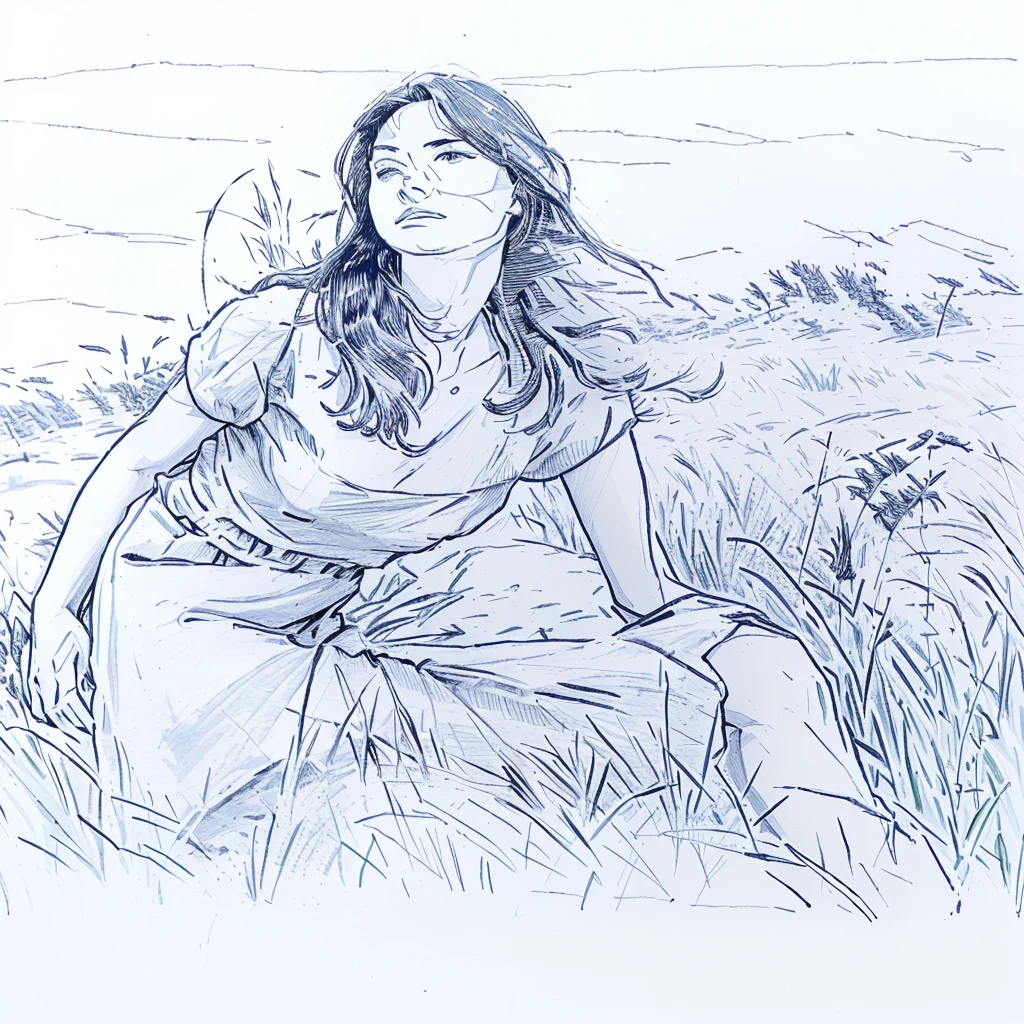 drawing of a woman sitting on a rock in a field, sitting in a field, in a field, standing in tall grass, in a grassy field, in the high grass, outline sketch, inspired by Apollonia Saintclair, in the grass, illustration in pen an ink, in a grass field, thick outline, sketch illustration, pen sketch, thick outlines