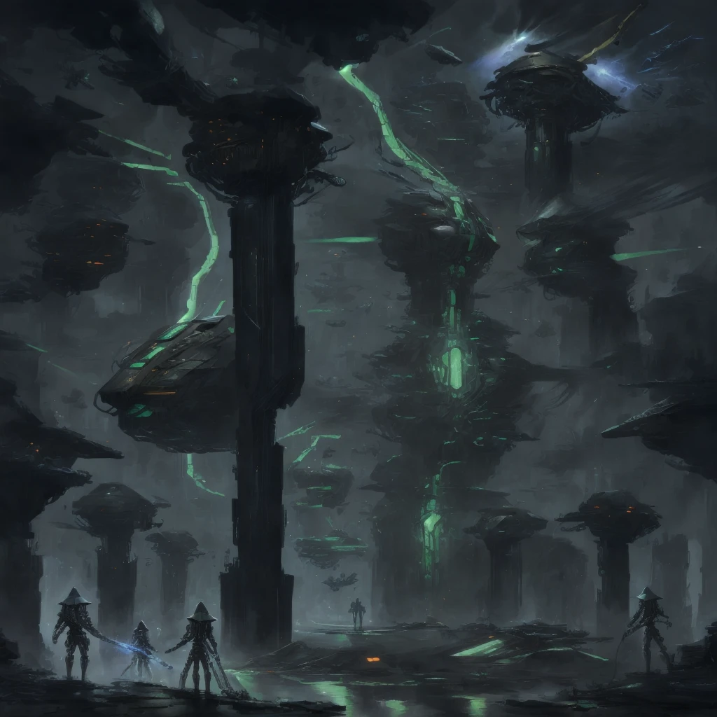 a detailed digital painting of a futuristic scene, highly detailed and photorealistic, in the style of Syd Mead and Simon Stalenhag, featuring a SHEDEVRUM TAU v.1.9 intermediary agent and their respective subordinates, epic sci-fi landscape, cinematic lighting, vibrant colors, intricate machinery, advanced technology, breathtaking vista, dramatic composition, masterful execution, ultra-detailed, hyper-realistic