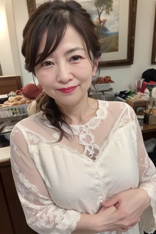 8K, Mature elegant Japanese woman, 55 years old, Married women, Delicate features, Long eyelashes, Sparkling eyes, Low Ponytail, Red lipstick, Rosy Cheeks, eye shadow, Attractive lips, Hug a Dachshund, (Highest quality,8K,High resolution,masterpiece:1.2),