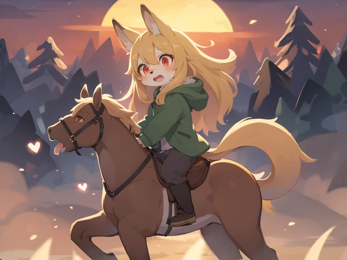  the fox, , was hairy, shaggy, skin fur, smooth lashes, golden fur, forelimb hands, straight long blonde hair, solid circle eyes, golden ears, golden fur, golden facial fur, shiny hair, red eyes,  heart-shaped eyes, super cute face, 1fox tail, fluffy tail, furry tail, glowing eyes, green coat green hood down, brown trousers, riding unsaddled horse, open mouth, embarrassed, ambient light, ultra-fine fur, dashed eyes, full body, masterpiece, high quality, high-details, best quality, from front, (((solo))), twilight, sun light, red sky, rim light