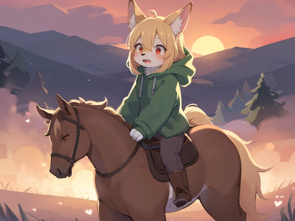 the fox, , was hairy, shaggy, skin fur, smooth lashes, golden fur, forelimb hands, straight long blonde hair, solid circle eyes, golden ears, golden fur, golden facial fur, shiny hair, red eyes, heart-shaped eyes, super cute face, 1fox tail, fluffy tail, furry tail, glowing eyes, green coat green hood down, brown trousers, riding unsaddled horse, open mouth, embarrassed, ambient light, ultra-fine fur, dashed eyes, full body, masterpiece, high quality, high-details, best quality, from front, (((solo))), twilight, sun light, red sky, rim light