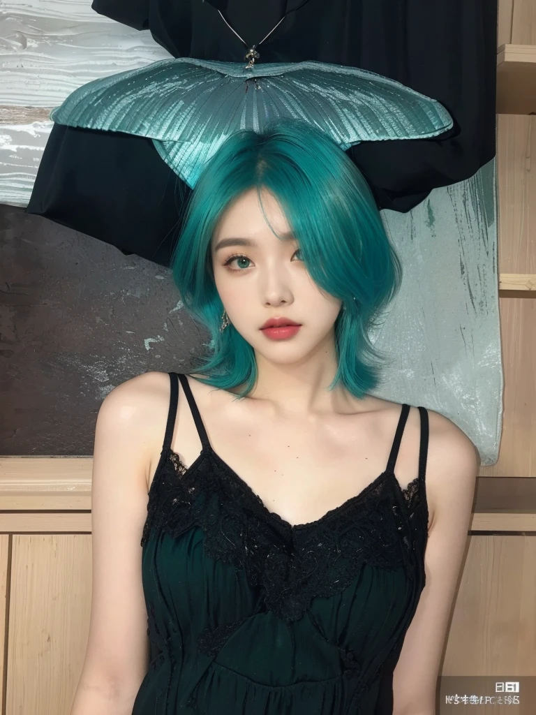 8K high quality,1 woman,Turquoise green hair:1.5