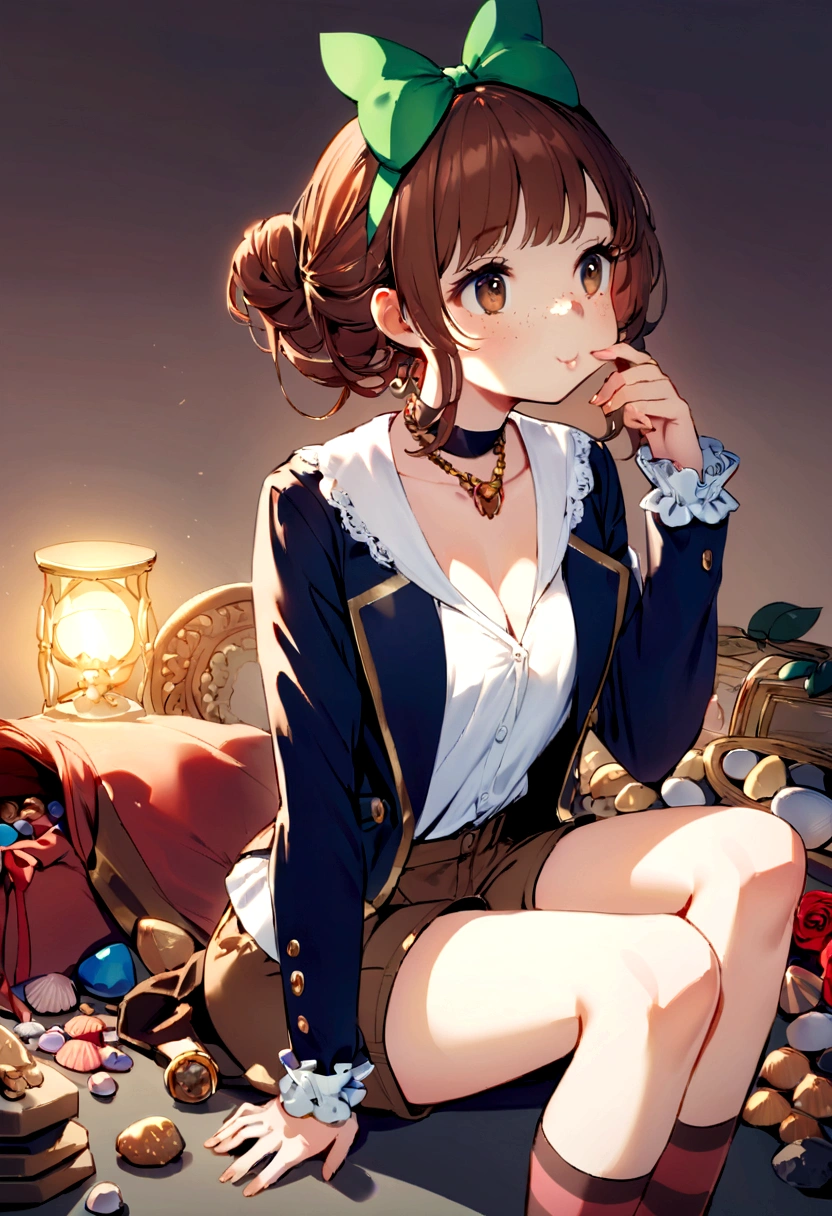 long reddish-brown hair that reaches to the top of her back. The hair is silky and has a little wave. She wears a green bow in her hair, tied just above the nape of the neck, with a black hairpin that holds it in place. His eyes are a vibrant brown that shine with curiosity and energy.. He has a small face with high cheeks and a small nose. Her lips are pink and full, often curved into a cute smile or pout. Rose's skin is soft and creamy, with a slight hint of freckles on the bridge of her nose. Rose's outfit is as adorable as she is. He wears a white button-down shirt with billowy sleeves that have slight gathering at the cuffs.. The shirt is slightly unbuttoned at the top, revealing a glimpse of her soft, pale cleavage. about the shirt, She wears a dark blue blazer with gold buttons that hugs her figure perfectly.. Instead of a skirt or pants, Rose is wearing brown shorts with multiple pockets. The pockets are filled with various treasures such as stones, seashells and pieces of ribbon. Her legs are covered in thick green and brown striped socks which add to her whimsical charm.. Finally, he puts on a pair of red shoes with white details, completing her adorable head-to-toe ensemble.