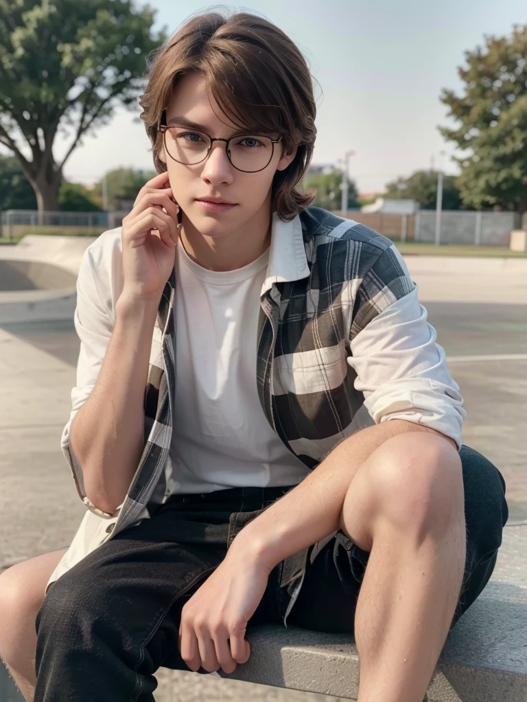 1 teenage white boy, detailed eyes, curly brown hair, pale smooth skin, sitting outdoors, black skinny jeans, plaid shirt outerwear, t-shirt, looks like model, (best quality,4k,8k,highres,masterpiece:1.2),ultra-detailed,(realistic,photorealistic,photo-realistic:1.37),hyperrealistic, cinematic lighting, professional photography, natural setting, warm color tones, pale skin ultra realistic soft smooth skin, soft smile, wearing glasses, skater boy vibe, sitting at skatepark, handsome man, very handsome face, white boy with handsome face, shoulder length hair, perfect hands, perfect anatomy, realistic full body, realistic, white pale skin,cute face 