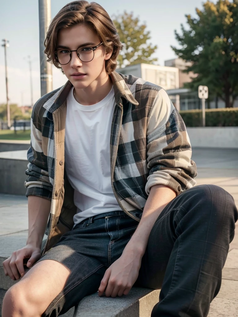 1 teenage white boy, detailed eyes, curly brown hair, pale smooth skin, sitting outdoors, black skinny jeans, plaid shirt outerwear, t-shirt, looks like model, (best quality,4k,8k,highres,masterpiece:1.2),ultra-detailed,(realistic,photorealistic,photo-realistic:1.37),hyperrealistic, cinematic lighting, professional photography, natural setting, warm color tones, pale skin ultra realistic soft smooth skin, soft smile, wearing glasses, skater boy vibe, sitting at skatepark, handsome man, very handsome face, white boy with handsome face, shoulder length hair, perfect hands, perfect anatomy, realistic full body, realistic, white pale skin,cute face