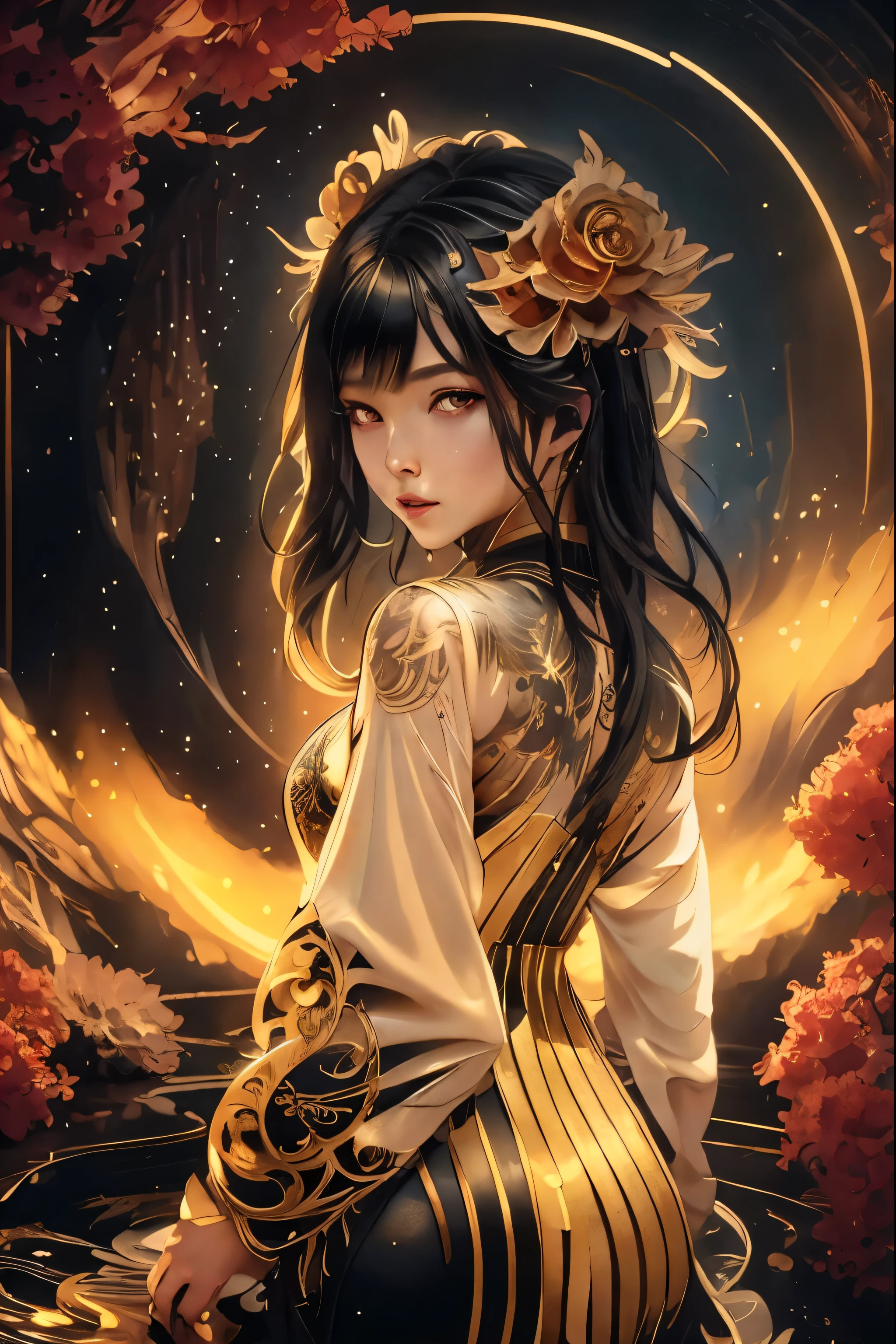 Colorful beautiful woman: Black ink flow: 8k resolution photorealistic masterpiece: by Aaron Horkey and Jeremy Mann: intricately detailed fluid gouache painting: by Jean Baptiste Mongue: calligraphy: acrylic: watercolor art, professional photography, natural lighting, volumetric lighting maximalist photoillustration: by marton bobzert: 8k resolution concept art intricately detailed, complex, elegant, expansive, fantastical, Golden Eyes. logo design