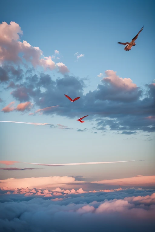 A landscape in the sky with white and light blue as the base, with a red ribbon in the upper left corner and a red ribbon in the lower right corner, and a few birds flying in the sky. Realistic, landscape, 4k, suitable for PPT production