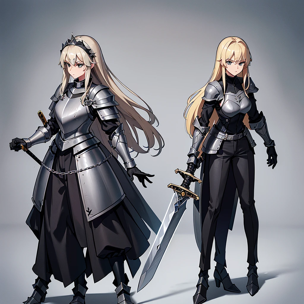 (Full body character concept、detailed)、(((Simple grey armor、Black trousers、Black gloves))、(woman、18-year-old)、(Blonde、Long Hair)、(((Grab the sword)))