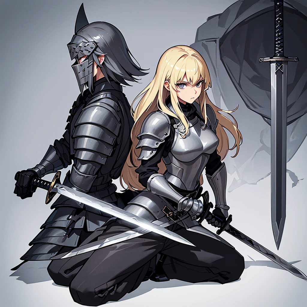 (Full body character concept、detailed)、(((Simple grey armor、Black trousers、Black gloves))、(woman、18-year-old)、(Blonde、Long Hair)、(((Grab the sword)))