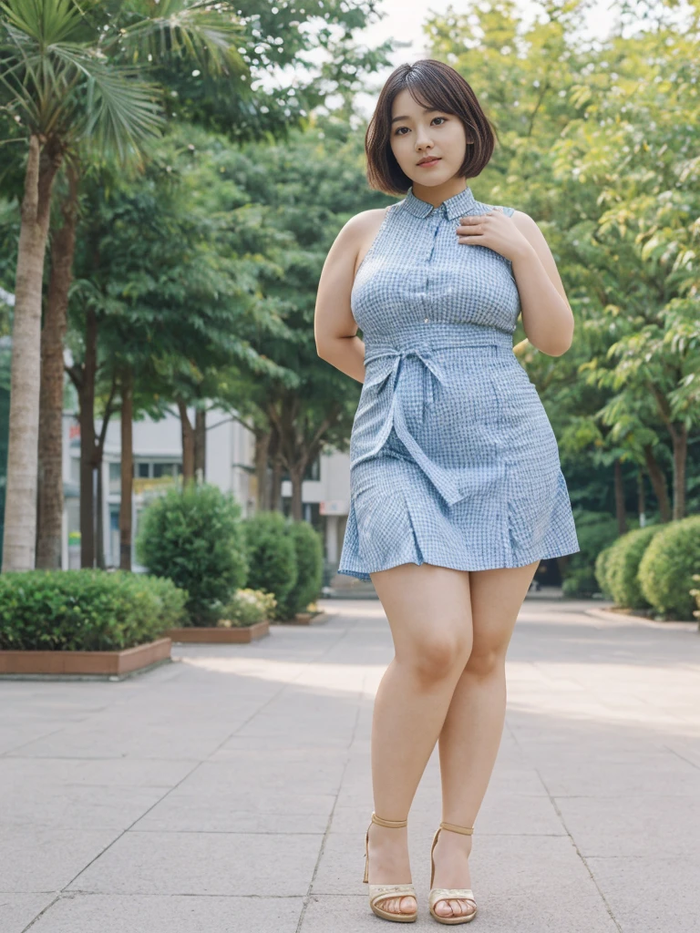 Sandara Park, her name is Akira, high quality, 1girl, ((25-year-old chubby asian woman)), ((25 years old)), (((curvy body))), ((short bob haircut)), pose: standing, wearing stylish fashionable sundress Generation-Z modern wear different colored, adorable, cute BACKGROUND: city