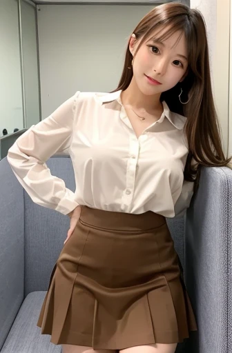 masterpiece, best quality, japanese woman, 20 years old, show off nipples, wearing blouse, skirt, leaning forward, ponytail, brown hair, front view, looking at viewer, office,