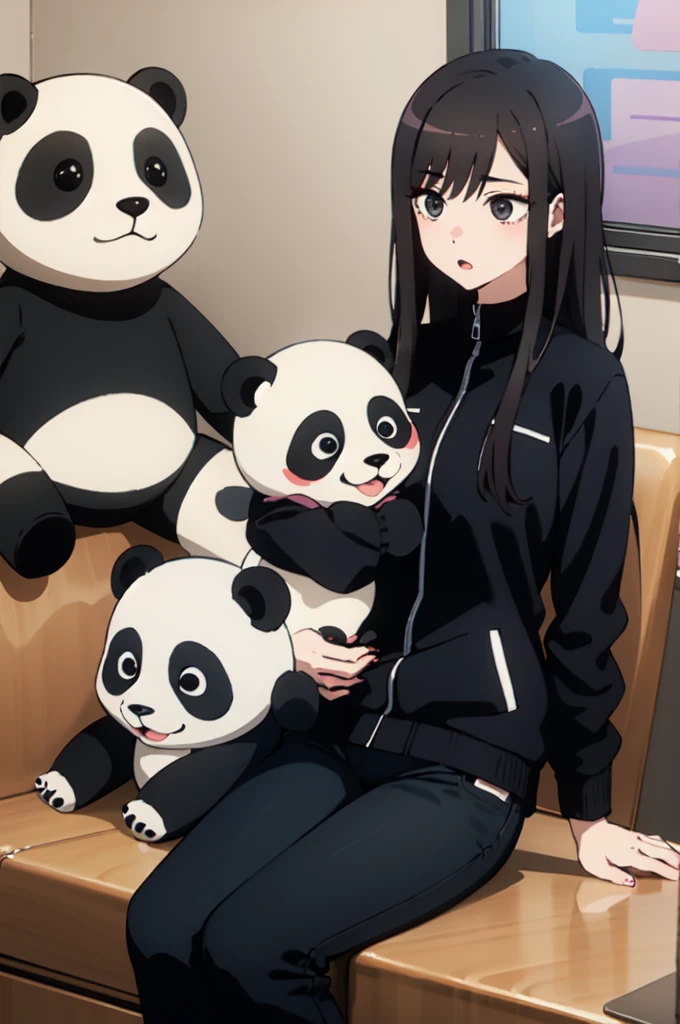 Boy, black eyes, Black hair, focus face, sitting, holding panda,at back Black jaket, black shirt, Black pants 
