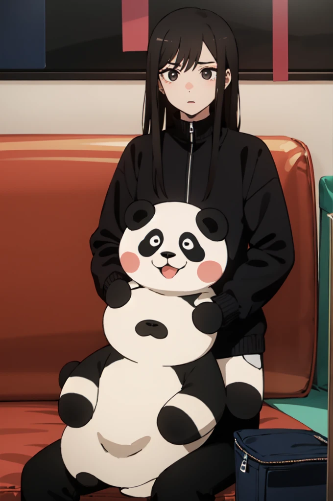 Boy, black eyes, Black hair, focus face, sitting, holding panda,at back Black jaket, black shirt, Black pants