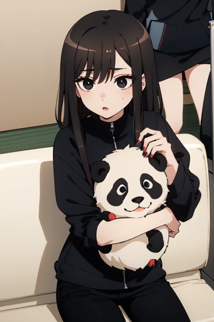 Boy, black eyes, Black hair, focus face, sitting, holding panda,at back Black jaket, black shirt, Black pants 