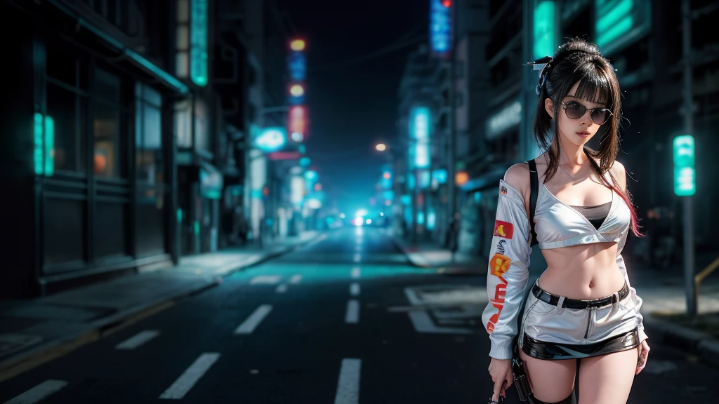 8k, Realistic Skin Texture, Realistic Photo, Neo Tokyo, slim Japanese women, large-breast:1.3 cleavage:1.2, AD2050 at night, Dirty hunting jacket, Wearing tube top, miniskirt, (((black sunglasses, automatic rifle, sneakers, cold, shooting pose, low angle view))), Innovative composition, revenge, cyberpunk, blade runner worldview, Large neon sign, Geisha hologram sign, Strong Wakamoto Sign.