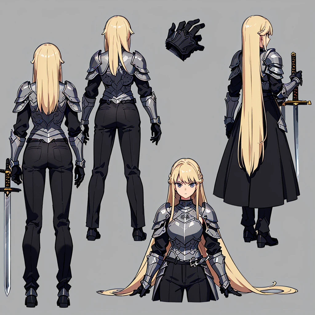 (Full body character concept、detailed)、(((Simple grey armor、Black trousers、Black gloves))、(woman、18-year-old)、(Blonde、Long Hair)、(((Grab the sword)))、(From the back、Back view)