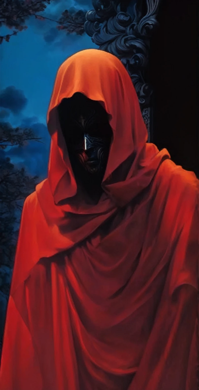 a black masked figure, dramatic red clouds, moody atmospheric lighting, intricate ornamental details, highly detailed, 8k, photorealistic, dark fantasy, cinematic, chiaroscuro lighting, dramatic shadows, golden accents, ominous atmosphere, striking contrast, muted color palette