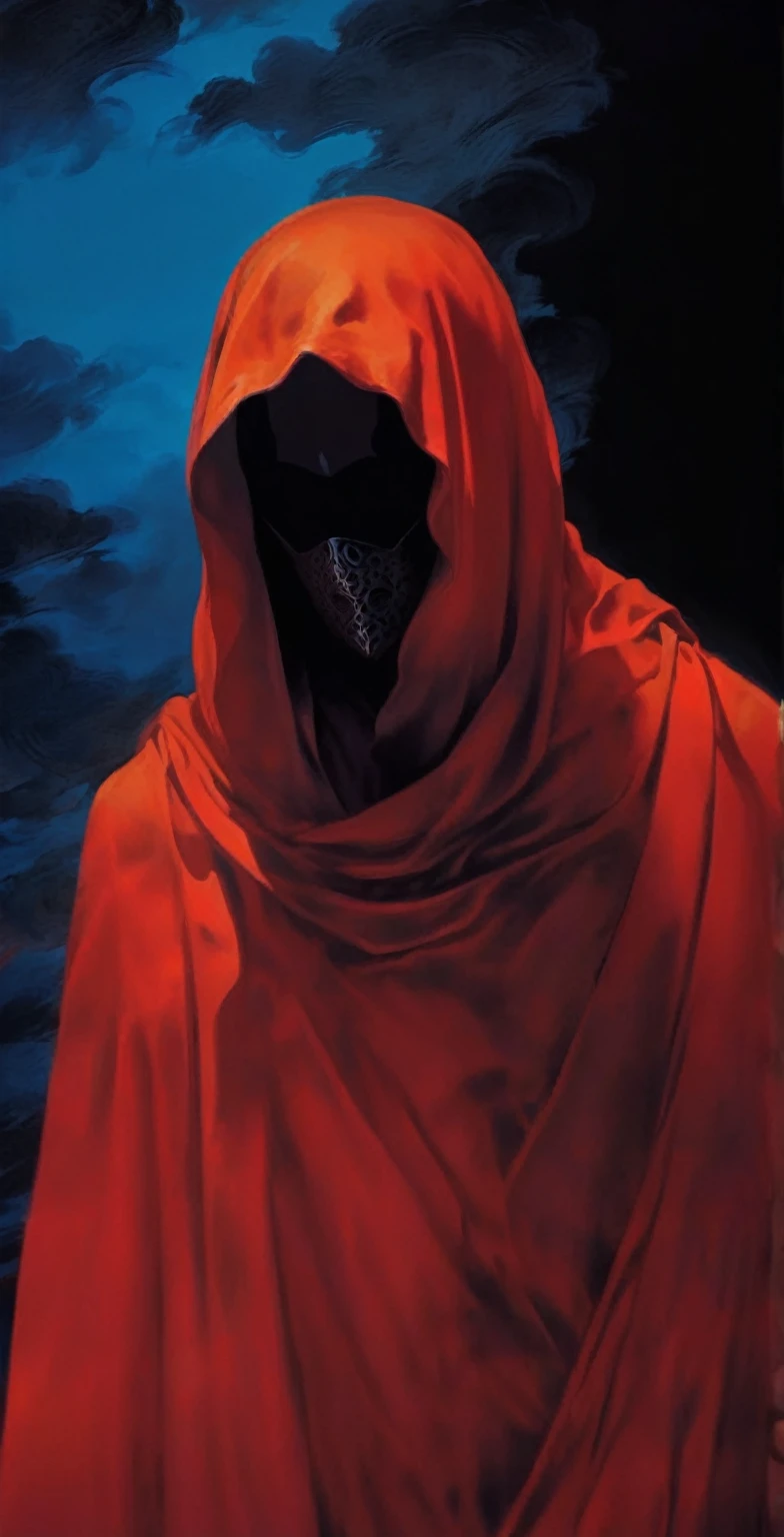 a black masked figure, dramatic red clouds, moody atmospheric lighting, intricate ornamental details, highly detailed, 8k, photorealistic, dark fantasy, cinematic, chiaroscuro lighting, dramatic shadows, golden accents, ominous atmosphere, striking contrast, muted color palette
