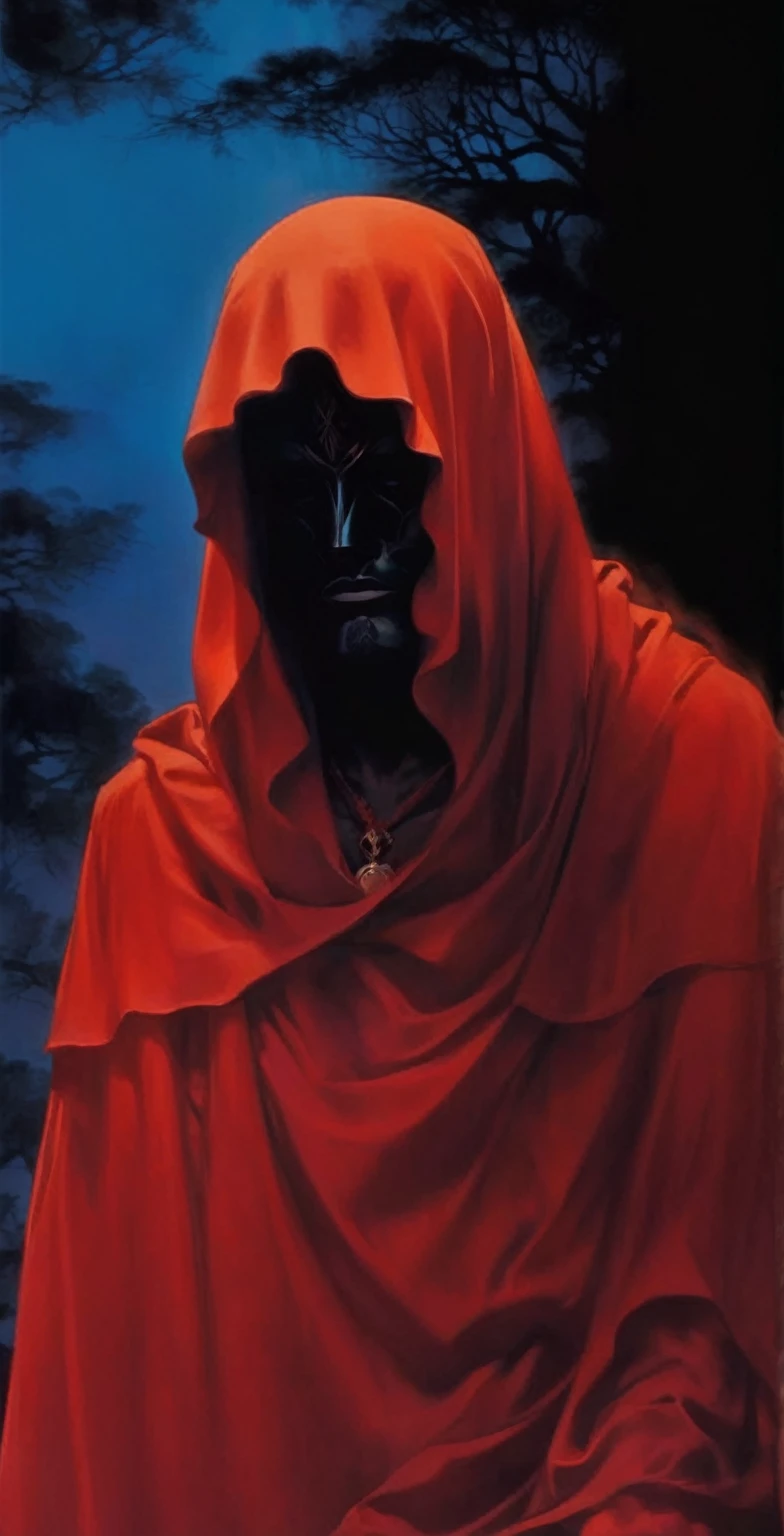 a black masked figure, dramatic red clouds, moody atmospheric lighting, intricate ornamental details, highly detailed, 8k, photorealistic, dark fantasy, cinematic, chiaroscuro lighting, dramatic shadows, golden accents, ominous atmosphere, striking contrast, muted color palette