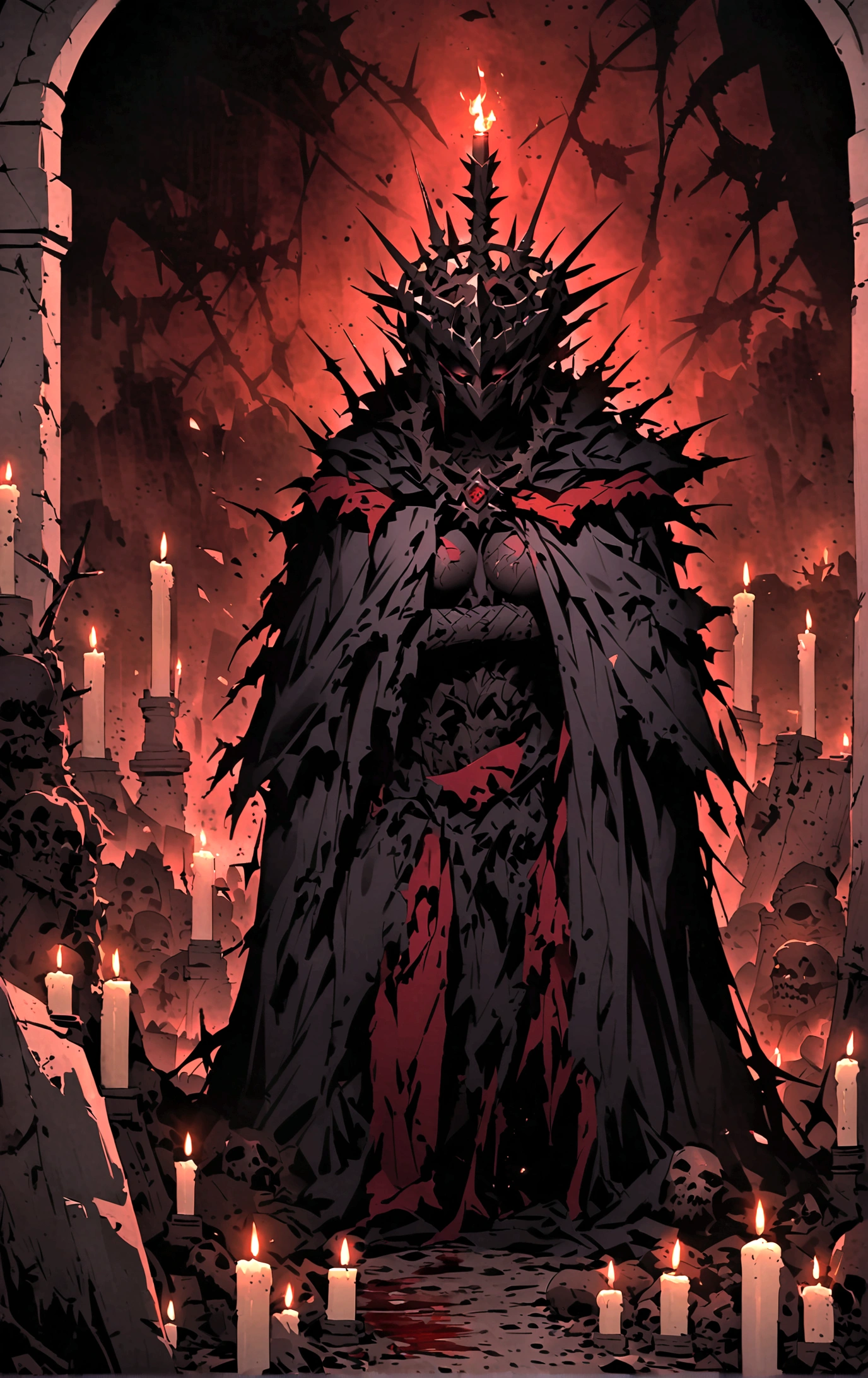 Queen，(Sexy women)，Dark Abyss, ，Black cloak，Crown of thorns，((Broken clothes))，((Thorn rose))，Broken tombstones，Candle，Dark atmosphere，wasteland，only one person，night,Blood