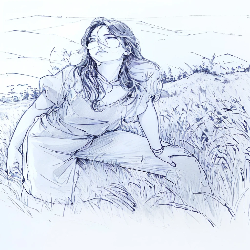 drawing of a woman sitting on a rock in a field, sitting in a field, in a field, standing in tall grass, in a grassy field, in the high grass, outline sketch, inspired by Apollonia Saintclair, in the grass, illustration in pen an ink, in a grass field, thick outline, sketch illustration, pen sketch, thick outlines