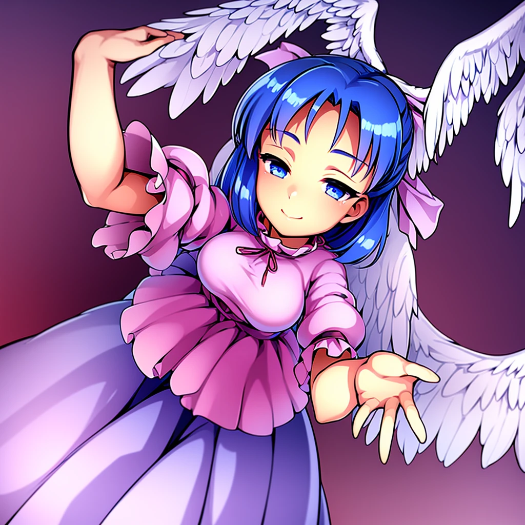 masterpiece, best quality, 1girl, , , 10 years old, medium blue hair, hair flaps, pink ribbon on head, well-formed face, blue eyes, angel girl, white blouse, puffy short sleeves, red ribbon, angel wings, long white skirt, red shoes, frills, ribbon head, from behind, to lift up one’s skirt, cowboy shot, from front, standing , raise one leg, crossed arms, arms up behind, arms behind back, hand between legs, put hands hip, one hand on hip, forward hands, arms raised in the air, punch hands, peace sign, waving, put up index finger, sit, lie down, closed eyes, lie face down, looking back, put one hand chest, leaning forward, cleavage, close up, horizontally outstretched arms, horizontally outstretched legs, front view, front face
