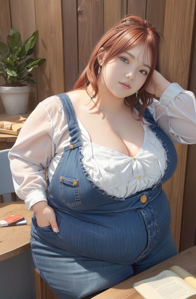 Makima de l'anime "chainsaw man", bbwchan, corps entier, magnifique et ultra détaillée. Ssbbw, obésité morbide, Cheveux rouges, yeux jaunes, visage gras, visage ultra détaillé et doux. Chemise, jupe en jean, pose dynamique, soleil, gros ventre rond et moux débordant sur la table 