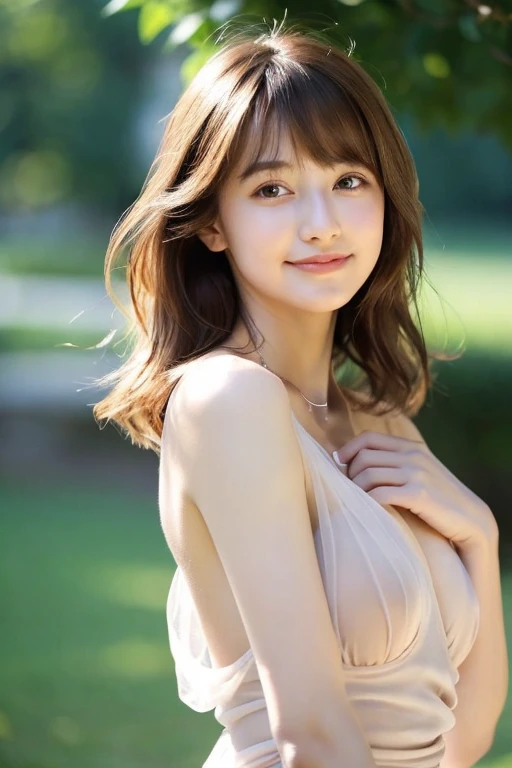 (RAW photo, highest quality), naked, Sheer Dress, tight waist、necklace, 、very delicate and beautiful, soft light, (brown hair, short hair swaying in the wind, bangs), beautiful detailed girl, (finger details), highly detailed eyes and face, beautifully detailed nose, beautiful and detailed eyes, 1 girl, Japanese, Neat beauty, cute, young, smile, , (medium breasts), realistic face, realistic body, From navel to head、naked, The hair on the skin shineole on face and chest、dress swaying in the wind、stare at the camera、tight waist、garden、Bokeh