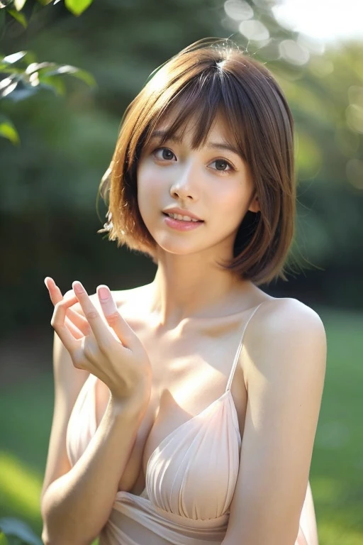 (RAW photo, highest quality), naked, Sheer Dress, tight waist、necklace, 、very delicate and beautiful, soft light, (brown hair, short hair swaying in the wind, bangs), beautiful detailed girl, (finger details), highly detailed eyes and face, beautifully detailed nose, beautiful and detailed eyes, 1 girl, Japanese, Neat beauty, cute, young, smile, , (medium breasts), realistic face, realistic body, From navel to head、naked, The hair on the skin shineole on face and chest、dress swaying in the wind、stare at the camera、tight waist、garden、Bokeh