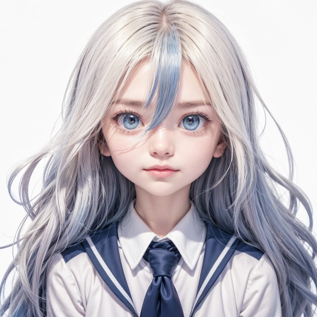- **fur:** Light with slightly reddish cheeks.
- **Eyes:** heterochromia. The right eye is white with a blue blur in the corners.. The left eye is blue with a white blur around the edges..
- **expression:** Kind and curious, with a soft smile.
**Hair:**
- **color:** White with light blue in the middle and royal blue at the tips.
- **Style:** long and straight, falls gently on shoulders and back.
**outfit:**
- **INniforme:** INniforme de la INA (IN.A. High School) of the anime "Boku no hero academia" (my hero academia).
  - **Jacket:** Gray with green trim on edges and shoulders.
  - **shirt:** white, under the jacket.
  - **tie:** the day, well adjusted.
  - **Skirt:** Navy blue, above knee.
  - **socks:** high, covering up to mid-thigh, black or navy blue.
  - **shoes:** Black with brown sole.
**Style de Animación:**
- **traits:** Detailed and smooth, with a touch of realism reminiscent of the Studio Ghibli style but with the vibrant and dynamic essence of "Boku no hero academia".
**position y bottom:**
- **position:** standing, with one hand on the hip and the other raised in a friendly gesture.
- **bottom:** Podría ser un aula de la IN.A. or a natural landscape, like a field with flowers and trees in the style of Studio Ghibli.

