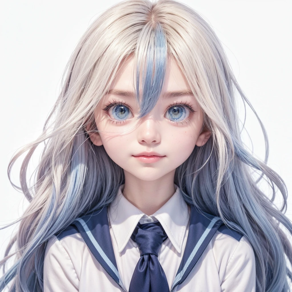 - **fur:** Light with slightly reddish cheeks.
- **Eyes:** heterochromia. The right eye is white with a blue blur in the corners.. The left eye is blue with a white blur around the edges..
- **expression:** Kind and curious, with a soft smile.
**Hair:**
- **color:** White with light blue in the middle and royal blue at the tips.
- **Style:** long and straight, falls gently on shoulders and back.
**outfit:**
- **INniforme:** INniforme de la INA (IN.A. High School) of the anime "Boku no hero academia" (my hero academia).
  - **Jacket:** Gray with green trim on edges and shoulders.
  - **shirt:** white, under the jacket.
  - **tie:** the day, well adjusted.
  - **Skirt:** Navy blue, above knee.
  - **socks:** high, covering up to mid-thigh, black or navy blue.
  - **shoes:** Black with brown sole.
**Style de Animación:**
- **traits:** Detailed and smooth, with a touch of realism reminiscent of the Studio Ghibli style but with the vibrant and dynamic essence of "Boku no hero academia".
**position y bottom:**
- **position:** standing, with one hand on the hip and the other raised in a friendly gesture.
- **bottom:** Podría ser un aula de la IN.A. or a natural landscape, like a field with flowers and trees in the style of Studio Ghibli.

