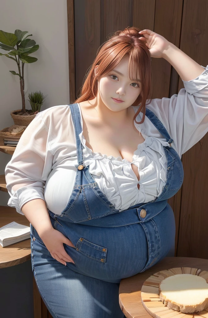 Makima de l'anime "chainsaw man", bbwchan, corps entier, magnifique et ultra détaillée. Ssbbw, obésité morbide, Cheveux rouges, yeux jaunes, visage gras, visage ultra détaillé et doux. Chemise, jupe en jean, pose dynamique, soleil, gros ventre rond et moux débordant sur la table 