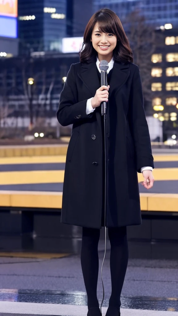 Full-body photo of a cute Japanese weather forecaster wearing a black pantsuit and coat,Medium Hair, pumps,A girl broadcasting live with a microphone in both hands,Broadcasting with a microphone outdoors in Tokyo in winter,Standing in front of Tokyo Station,wearing pumps and black tights,masterpiece