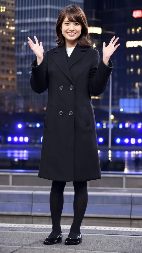 Full-body photo of a cute Japanese weather forecaster wearing a black pantsuit and coat,Medium Hair, pumps,A girl broadcasting live with a microphone in both hands,Broadcasting with a microphone outdoors in Tokyo in winter,Standing in front of Tokyo Station,wearing pumps and black tights,masterpiece