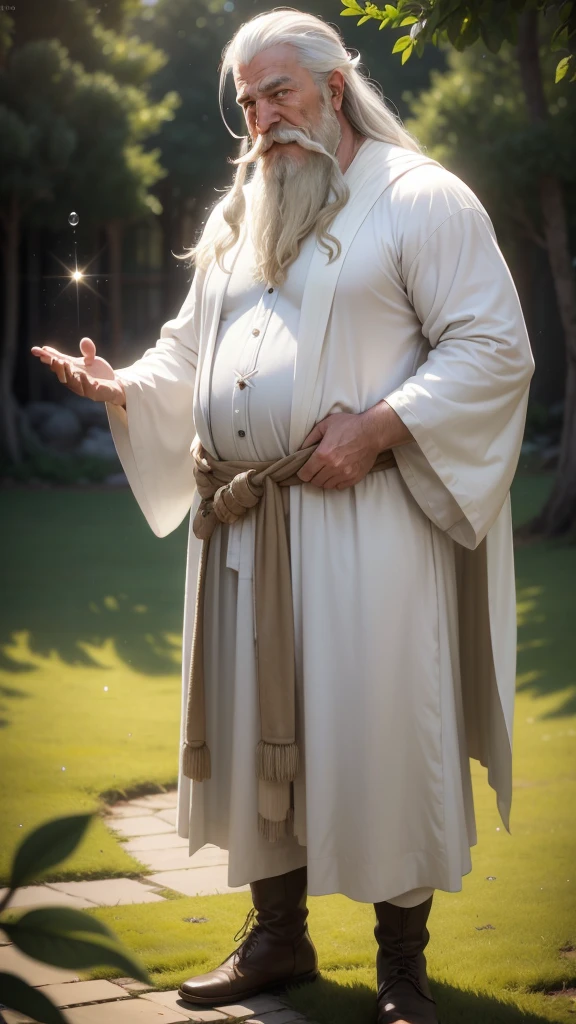 Gandalf, (pose:Full Body Shot), (posing:Full Body Shot), (soft shading), (((4k, hi res, Ray tracing))), ((((extreme detailed sweat drops, glistening, glistening body))), (((five fingers, detailed hands))), ((detailed face, (detailed eyes:1.0), detailed)), by zackarry911, by zaush, (by personalami:0.5), looking at viewer, (((happy,wise eyes))), (((old and wise))), 1boy, standing,(((standing,ashamed))),((( Mustache,beard))),(((dad bod))) ,male focus, white hair, (((handsome, sage))), nature, // ((human)),(((white Robe,white shirt, longpant, brown wizard boot))),((Human, looking at viewer)),((grassy field background, lens blur, lens flare)),