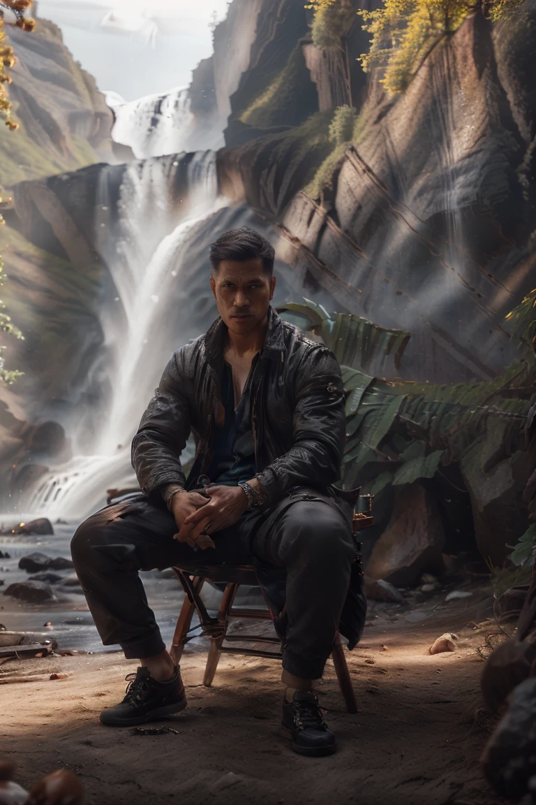 
Handsome Javanese Indonesian man (25 years old, oval and clean face, ideal body and neat, Indonesian skin, wearing a trucker jacket and black bag and sneakers, pose sitting on a folding chair, photography style photo facing front, there is a tent beside him, face visible, behind near the man there is a beautiful waterfall, bright ultra HD atmosphere, original photo, high detail, very sharp, 18mm lens, realistic, photography, Leica camera, cinematic 