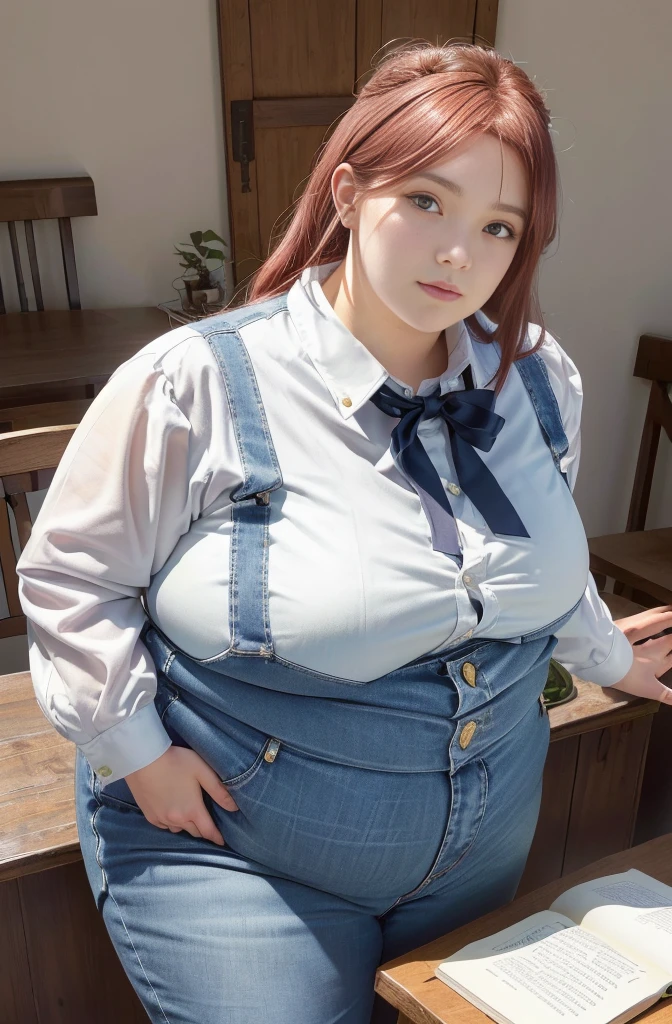 Makima de l'anime "chainsaw man", bbwchan, corps entier, magnifique et ultra détaillée. Ssbbw, obésité morbide, Cheveux rouges, yeux jaunes, visage gras, visage ultra détaillé et doux. Chemise, jupe en jean, pose dynamique, soleil, gros ventre rond et moux débordant sur la table 