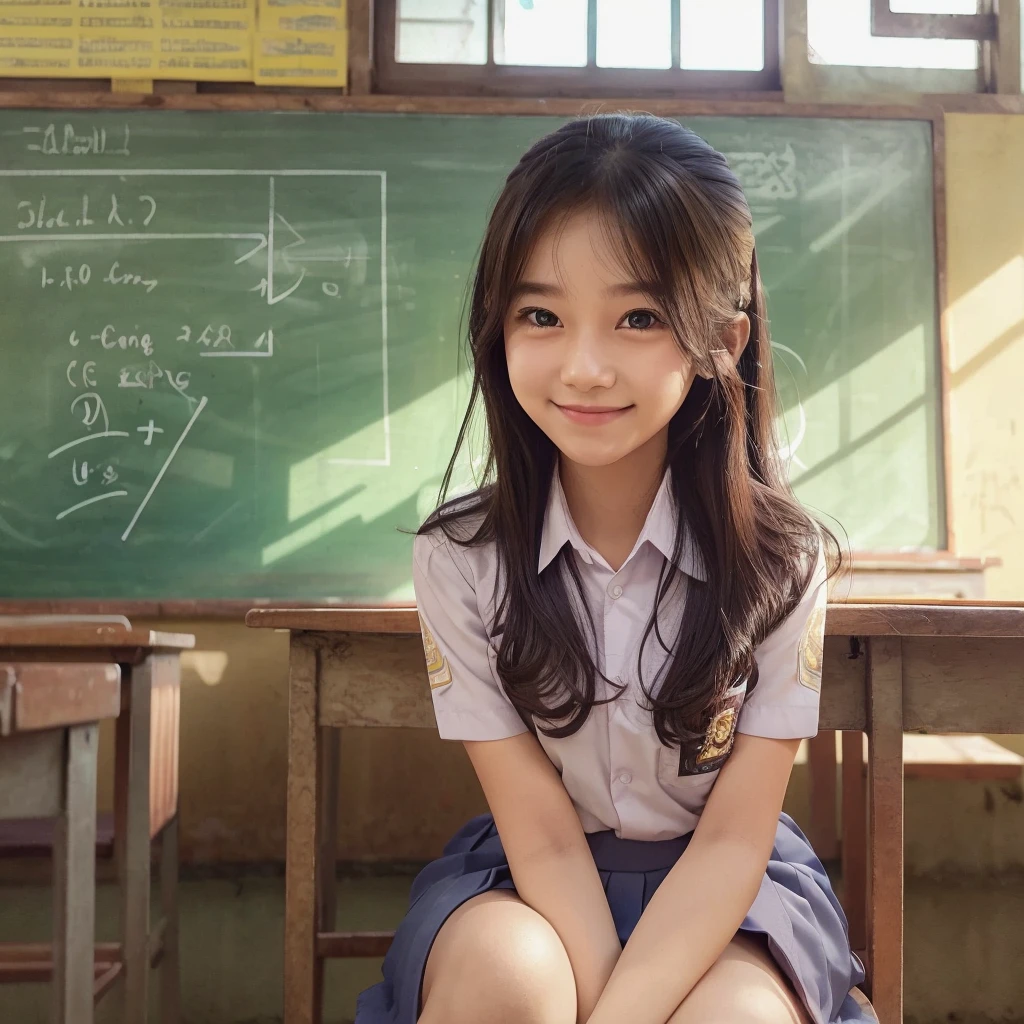 a beautiful girl, sitting on a chair in classroom, (Indonesian high school uniform), detailed facial features, beautiful eyes, long eyelashes, cute smile, school desk, chalkboard, sunlight through windows, warm lighting, intricate details, photorealistic, 8k, high quality, digital art, masterpiece