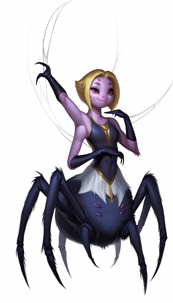 score_9, (clear simple background, white background, papyrus background),
(4r4chn1d, spider girl, _young, anthro, (arachne), spider body, taur), solo, (female), (fullbody, curvey bode, cute face, focus), beautiful, (dressed)