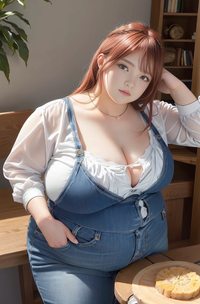 Makima de l'anime "chainsaw man", bbwchan, corps entier, magnifique et ultra détaillée. Ssbbw, obésité morbide, Cheveux rouges, yeux jaunes, visage gras, visage ultra détaillé et doux. Chemise, jupe en jean, pose dynamique, soleil, gros ventre rond et moux débordant sur la table