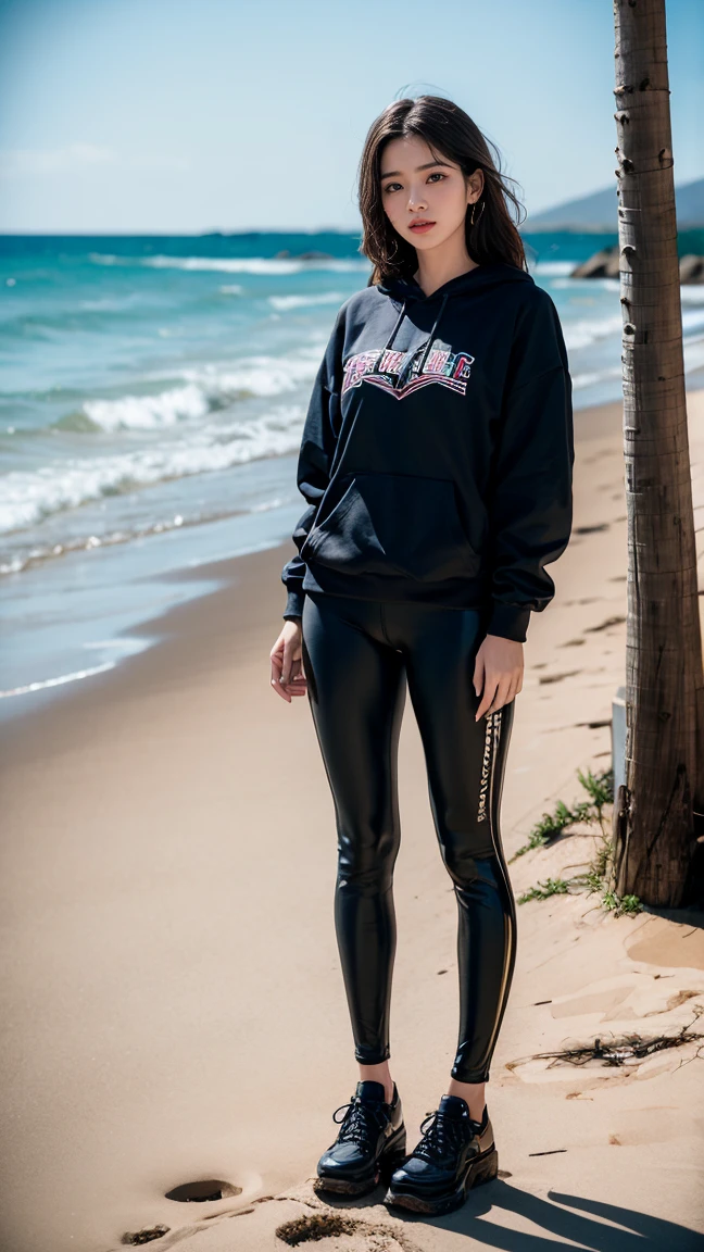 gorgeous young colombianwoman, posing on the beach, wearing a legging and a sweatshirt, full body, beautiful face, masterpiece, best quality, ultra-detailed, solo, shadows, contrast, cinematic light, side lighting, ultra high resolution, best shadow, RAW, 4k, 85 mm, poca profundidad de campo, Kodak Vision Color, estremadamente detailado, Cinematographer_\(ultra\), photorealistic, Realstic, Postproceso, Maximum details, aspereza, vida real, ultra realista, fotorreallsmo, Cinematographer, 8k UHD, Cinematographer