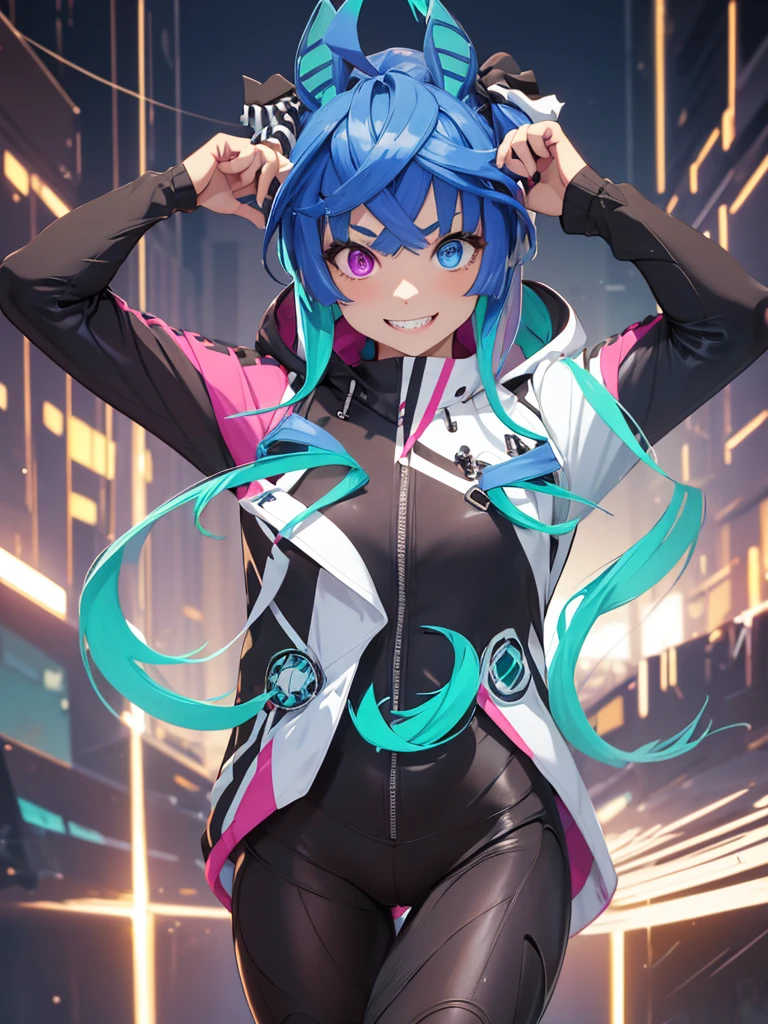 (masterpiece、top-quality、hight resolution), A photo from a popular adult idol's (onanistic idol) photobook. The idol is posing in a seductive manner, wearing revealing clothing. The setting is a professionally arranged studio with soft lighting that highlights her features. The image exudes a mix of allure and professionalism, capturing the idol's charm. nsfw, Twin_Turbo_Umamusume, aqua hair, twintails, heterochromia, purple eyes, blue eyes, sharp teeth, multicolored hoodie, black leggings, grin